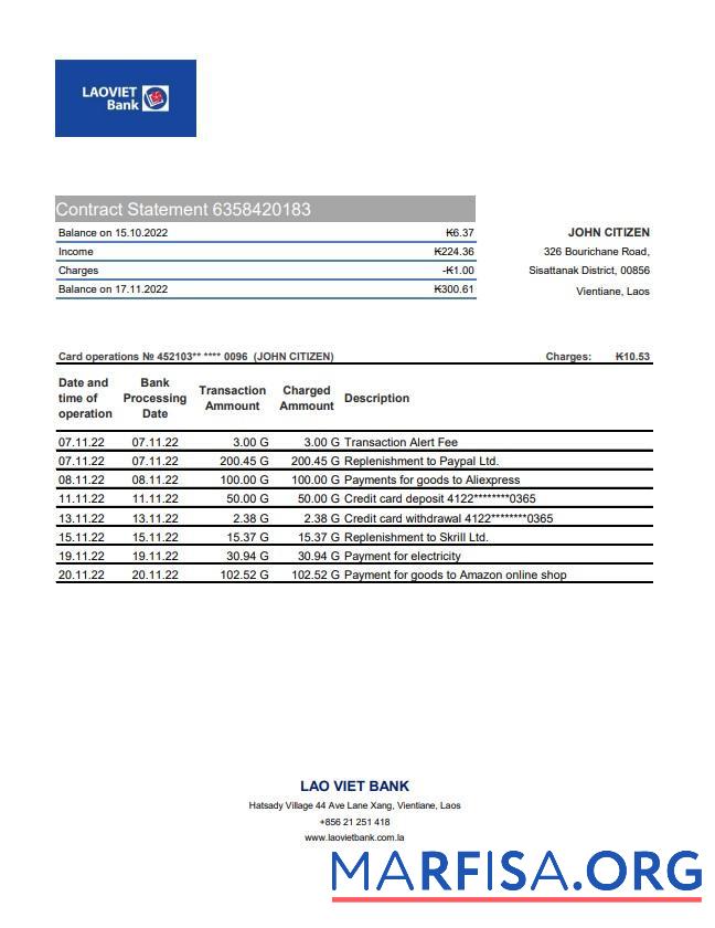 Realistic Laos Lao Viet bank statement excel example